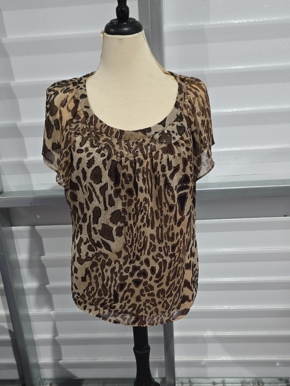 Nue Options Leopard Print Flutter Sleeve Blouse - Brown &‎ Tan Size PXL